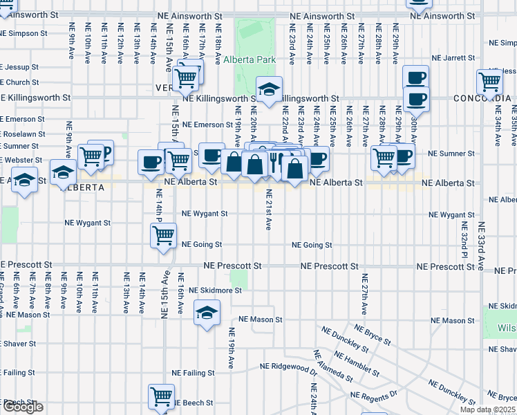map of restaurants, bars, coffee shops, grocery stores, and more near 4814 Northeast 20th Avenue in Portland
