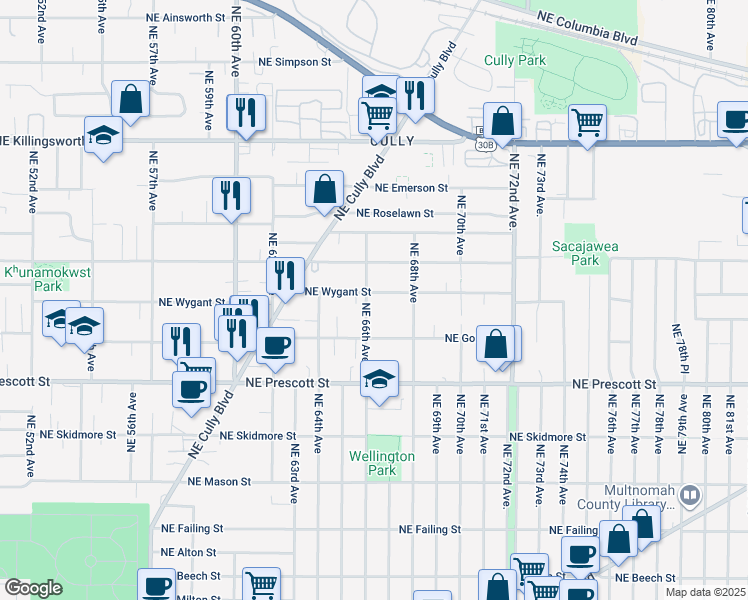 map of restaurants, bars, coffee shops, grocery stores, and more near 6616 Northeast Wygant Street in Portland