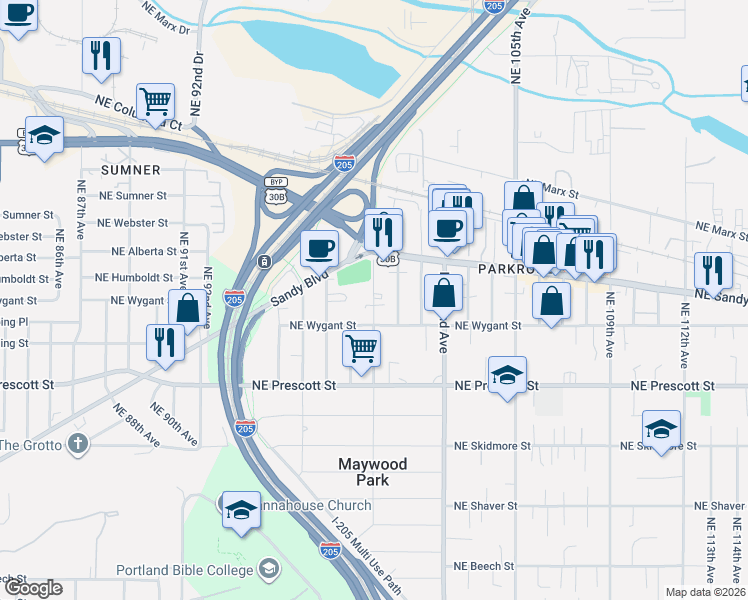 map of restaurants, bars, coffee shops, grocery stores, and more near 4748 Northeast 99th Avenue in Portland