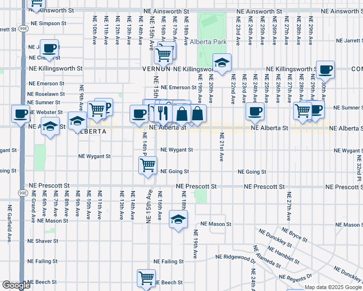 map of restaurants, bars, coffee shops, grocery stores, and more near 4816 Northeast 17th Avenue in Portland