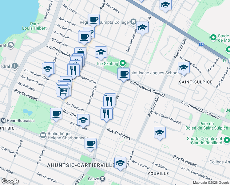 map of restaurants, bars, coffee shops, grocery stores, and more near 9844 Rue Chambord in Montréal