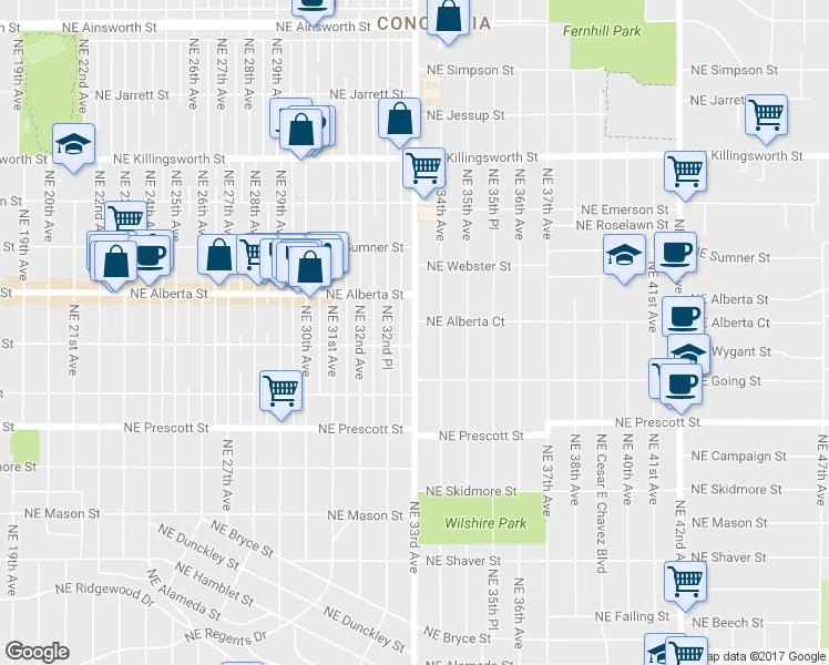 map of restaurants, bars, coffee shops, grocery stores, and more near 4819 NE 33rd Ave in Portland
