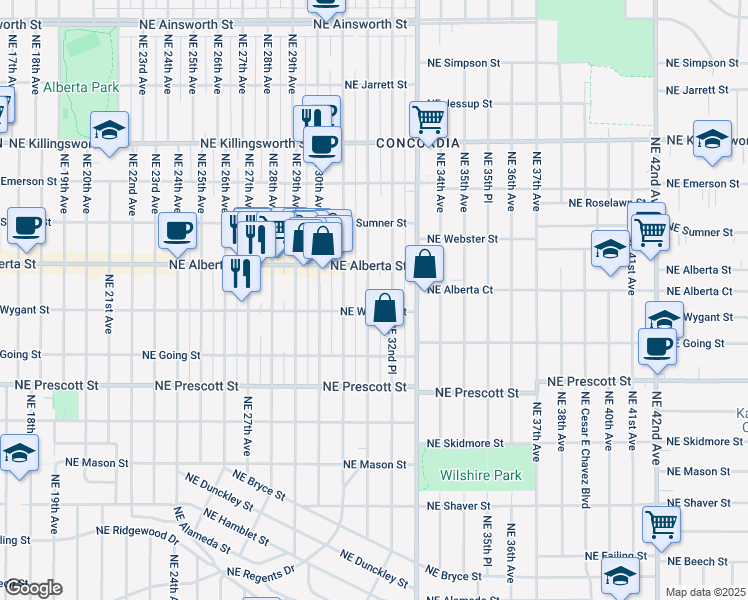 map of restaurants, bars, coffee shops, grocery stores, and more near 4818 Northeast 32nd Avenue in Portland