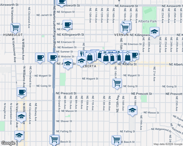 map of restaurants, bars, coffee shops, grocery stores, and more near 4845 Northeast 11th Avenue in Portland