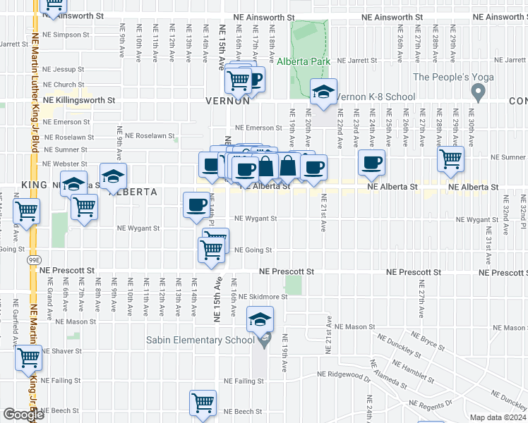 map of restaurants, bars, coffee shops, grocery stores, and more near 4816 Northeast 17th Avenue in Portland