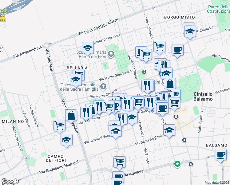 map of restaurants, bars, coffee shops, grocery stores, and more near 36 Via Lodovico Ariosto in Cinisello Balsamo