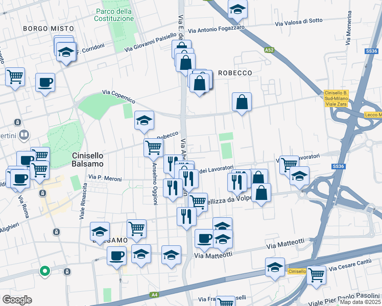 map of restaurants, bars, coffee shops, grocery stores, and more near Via Lincoln in Cinisello Balsamo