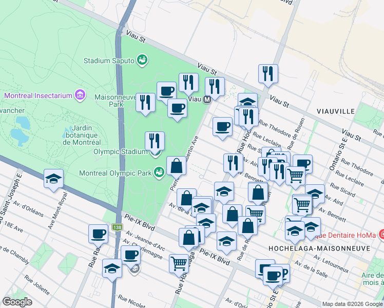 map of restaurants, bars, coffee shops, grocery stores, and more near 4378 Avenue Pierre-De Coubertin in Montréal