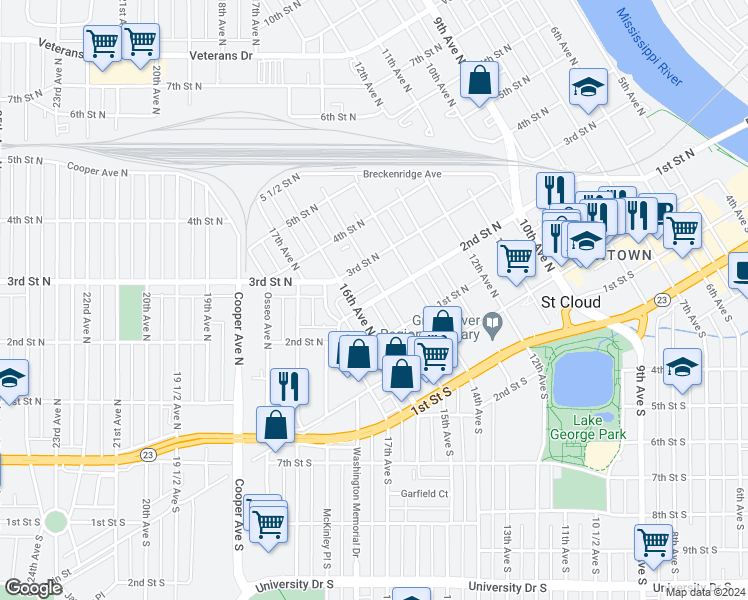 map of restaurants, bars, coffee shops, grocery stores, and more near 1511 2nd Street North in Saint Cloud