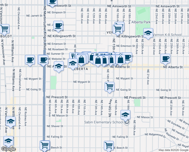map of restaurants, bars, coffee shops, grocery stores, and more near 4848 Northeast 12th Avenue in Portland