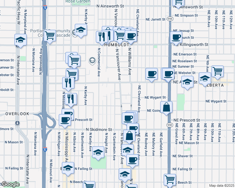 map of restaurants, bars, coffee shops, grocery stores, and more near 220 North Humboldt Street in Portland