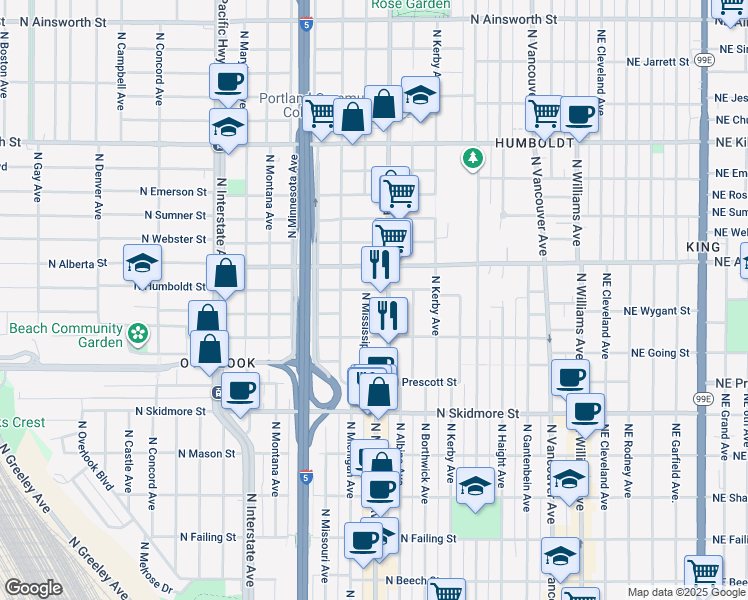 map of restaurants, bars, coffee shops, grocery stores, and more near 4827 North Mississippi Avenue in Portland