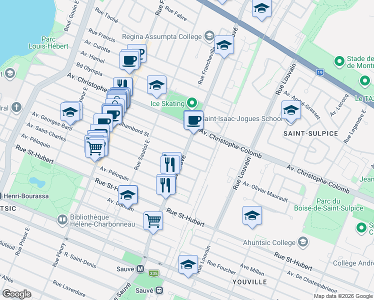 map of restaurants, bars, coffee shops, grocery stores, and more near 1310 Rue Sauvé Est in Montréal