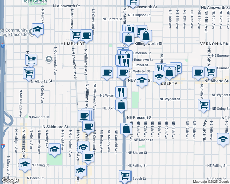 map of restaurants, bars, coffee shops, grocery stores, and more near 4817 Northeast Garfield Avenue in Portland