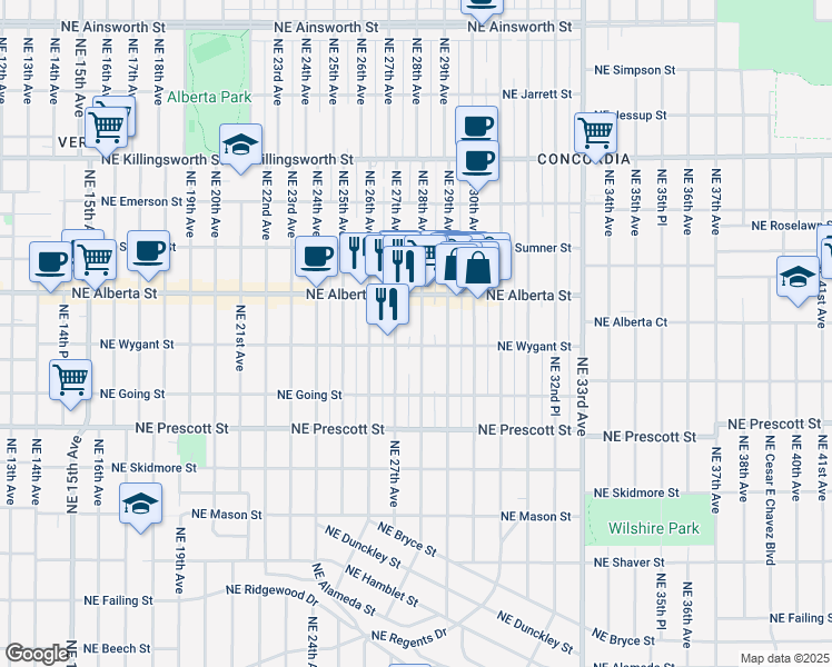 map of restaurants, bars, coffee shops, grocery stores, and more near 4821 Northeast 28th Avenue in Portland