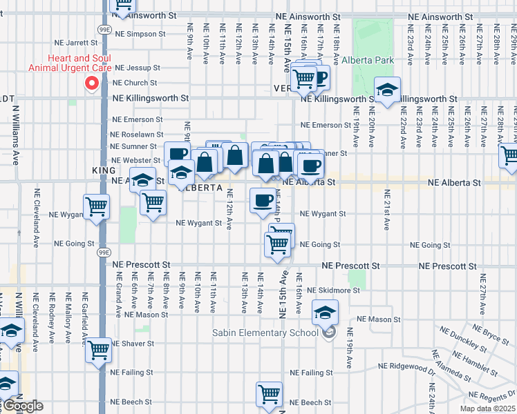 map of restaurants, bars, coffee shops, grocery stores, and more near 4847 Northeast 14th Avenue in Portland