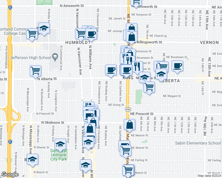 map of restaurants, bars, coffee shops, grocery stores, and more near 4823 Northeast Mallory Avenue in Portland