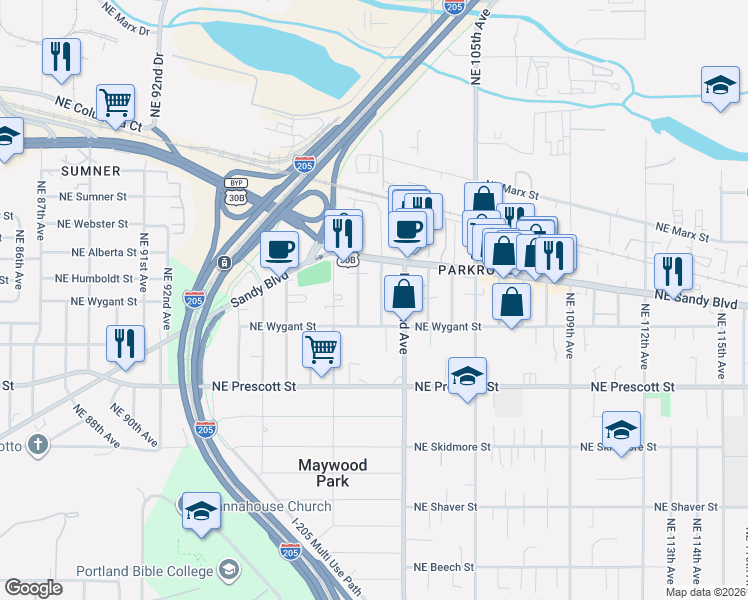 map of restaurants, bars, coffee shops, grocery stores, and more near 4803 Northeast 101st Avenue in Portland
