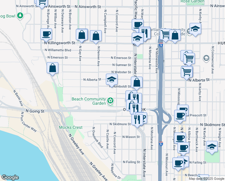 map of restaurants, bars, coffee shops, grocery stores, and more near 1710 North Humboldt Street in Portland