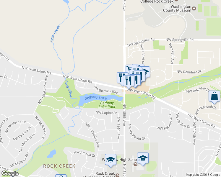 map of restaurants, bars, coffee shops, grocery stores, and more near 5218 Northwest Shoreline Way in Portland