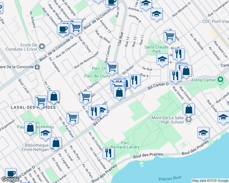map of restaurants, bars, coffee shops, grocery stores, and more near 410 Avenue Copernic in Laval