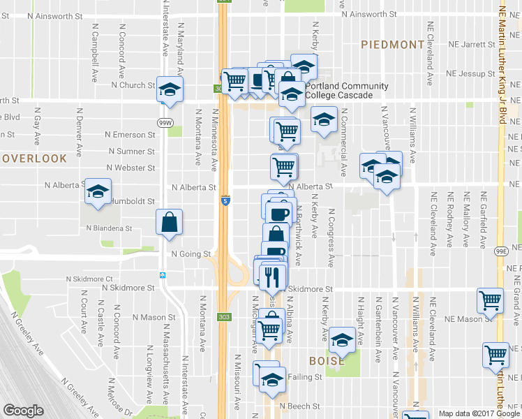 map of restaurants, bars, coffee shops, grocery stores, and more near 4827 North Mississippi Avenue in Portland
