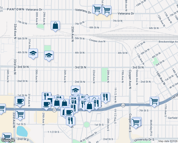 map of restaurants, bars, coffee shops, grocery stores, and more near 240 23rd Avenue North in St. Cloud