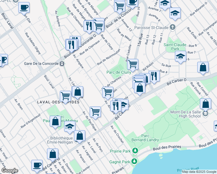 map of restaurants, bars, coffee shops, grocery stores, and more near 490 Rue de Chartres in Laval