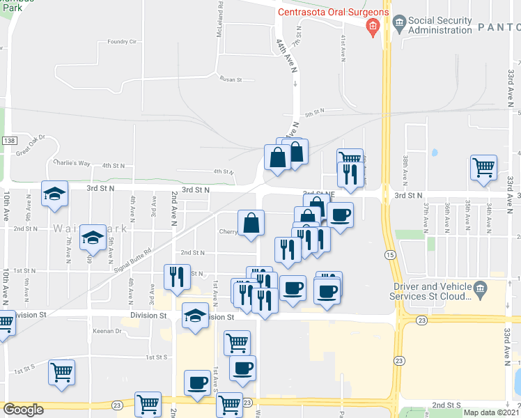 map of restaurants, bars, coffee shops, grocery stores, and more near 268 Waite Avenue North in Waite Park
