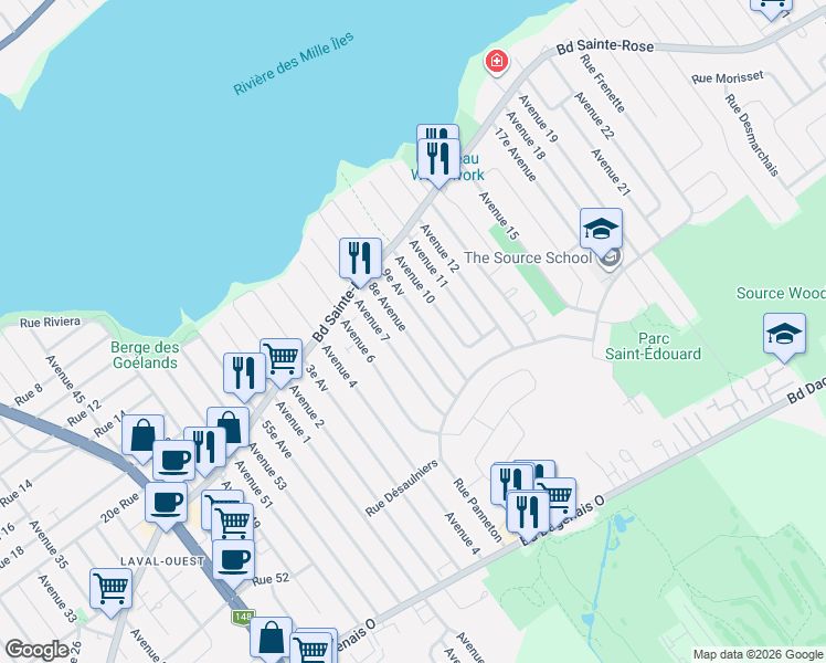 map of restaurants, bars, coffee shops, grocery stores, and more near 901 8e Avenue in Laval