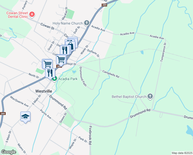 map of restaurants, bars, coffee shops, grocery stores, and more near 1799 Dufferin Street in Westville