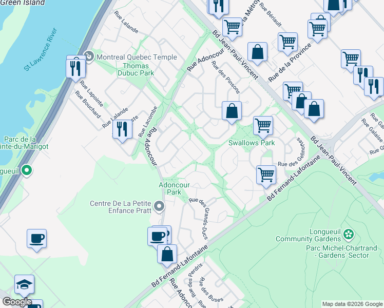 map of restaurants, bars, coffee shops, grocery stores, and more near 1462 Rue des Pluviers in Longueuil