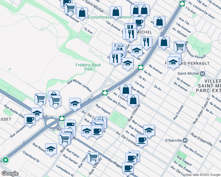 map of restaurants, bars, coffee shops, grocery stores, and more near Autoroute Métropolitaine in Montréal