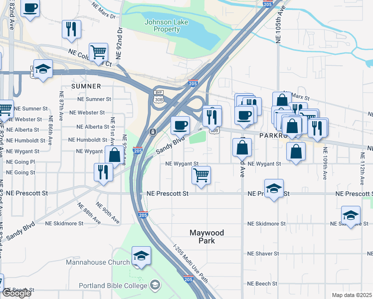 map of restaurants, bars, coffee shops, grocery stores, and more near 4804 Northeast 97th Avenue in Portland