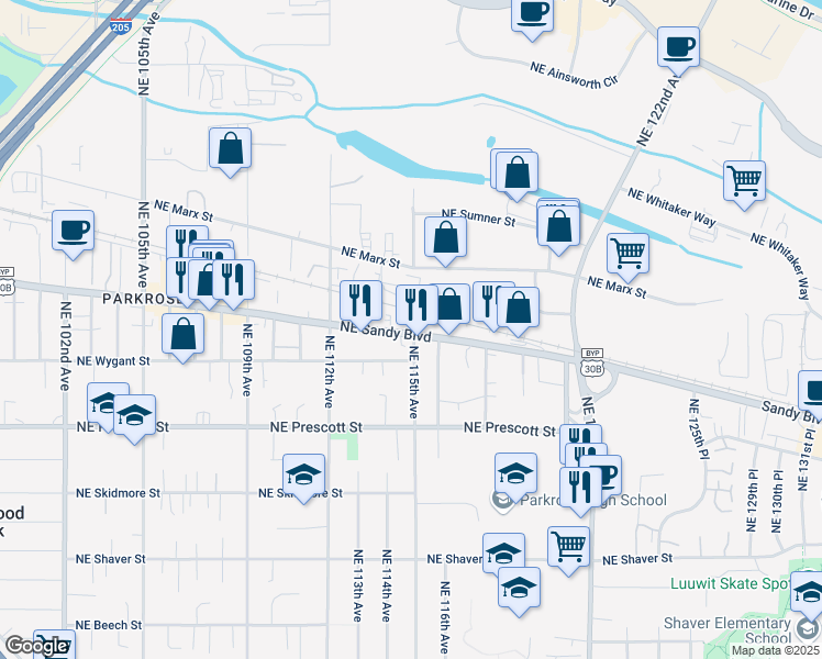 map of restaurants, bars, coffee shops, grocery stores, and more near 11417 U.S. 30 Bypass in Portland