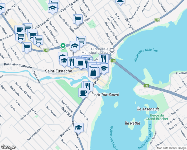 map of restaurants, bars, coffee shops, grocery stores, and more near 31 Rue Saint-Eustache in Saint-Eustache
