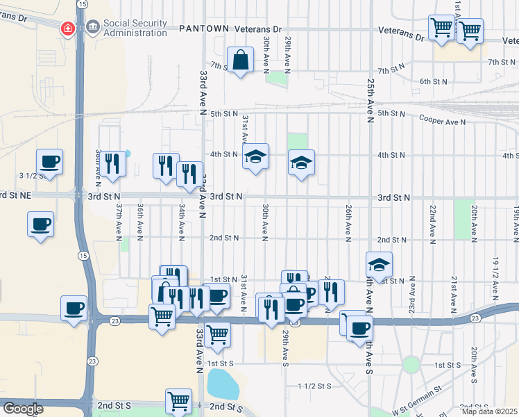 map of restaurants, bars, coffee shops, grocery stores, and more near 230 31st Avenue North in St. Cloud