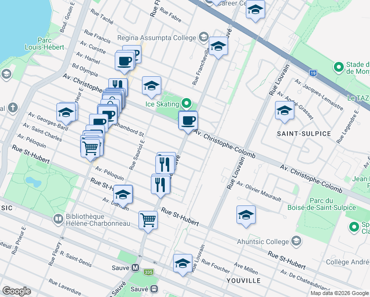 map of restaurants, bars, coffee shops, grocery stores, and more near 1310 Rue Sauvé Est in Montréal