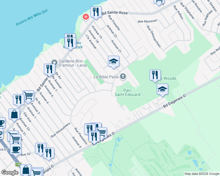 map of restaurants, bars, coffee shops, grocery stores, and more near 4565 Boulevard Frenette in Laval