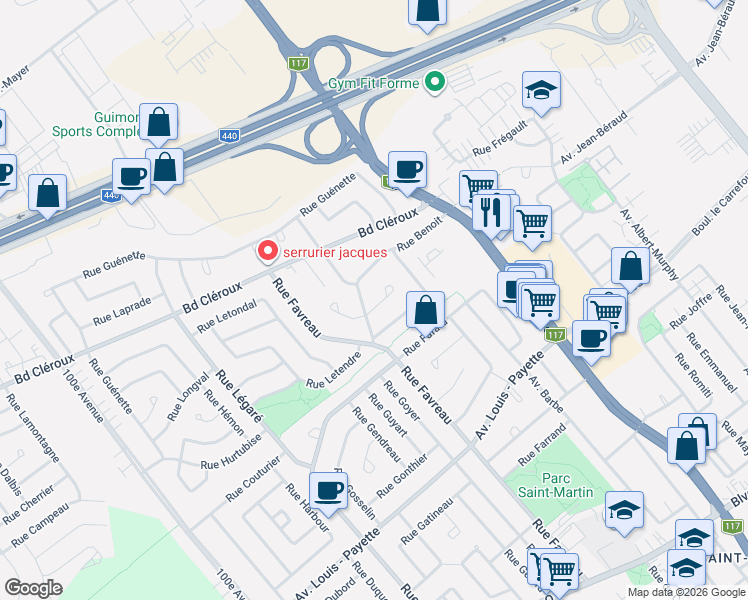 map of restaurants, bars, coffee shops, grocery stores, and more near 4140 Place Courteau in Laval