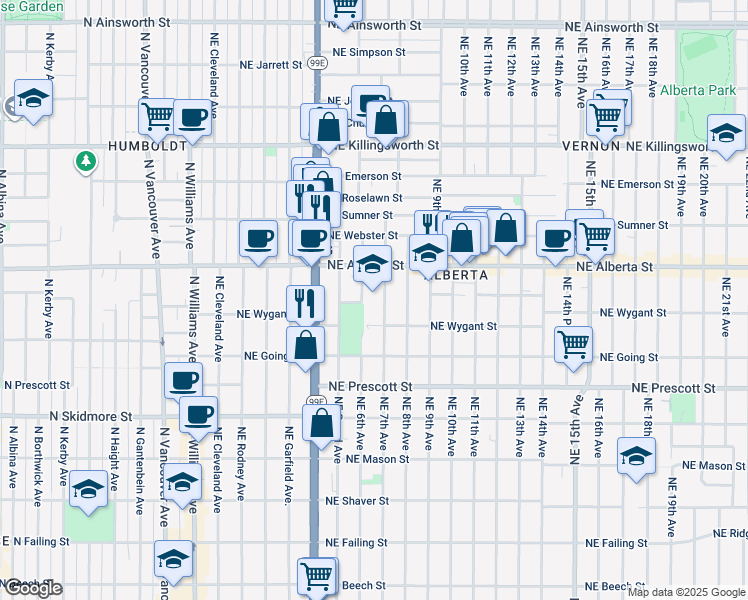 map of restaurants, bars, coffee shops, grocery stores, and more near 4906 Northeast 6th Avenue in Portland