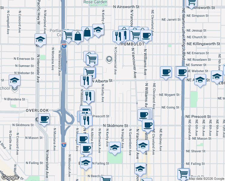 map of restaurants, bars, coffee shops, grocery stores, and more near 4833 North Commercial Avenue in Portland