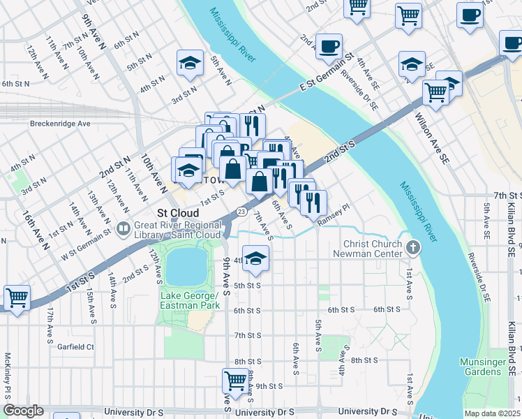 map of restaurants, bars, coffee shops, grocery stores, and more near 212 7th Avenue South in St. Cloud