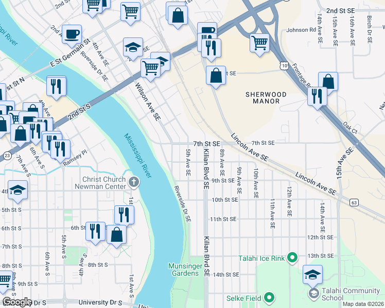 map of restaurants, bars, coffee shops, grocery stores, and more near 721 5th Avenue Southeast in St. Cloud