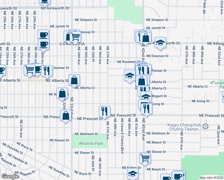 map of restaurants, bars, coffee shops, grocery stores, and more near 3726 Northeast Alberta Court in Portland