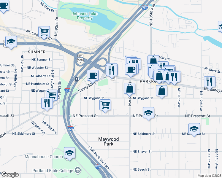 map of restaurants, bars, coffee shops, grocery stores, and more near 4748 Northeast 99th Avenue in Portland