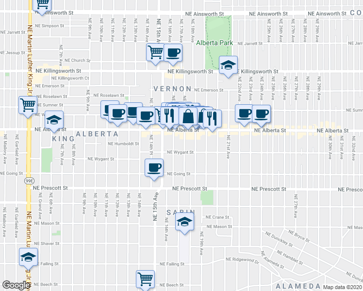 map of restaurants, bars, coffee shops, grocery stores, and more near 4816 Northeast 17th Avenue in Portland