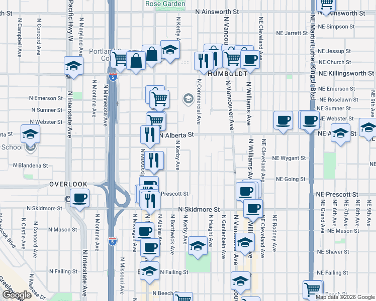 map of restaurants, bars, coffee shops, grocery stores, and more near 4833 North Commercial Avenue in Portland