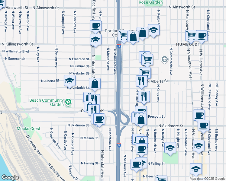 map of restaurants, bars, coffee shops, grocery stores, and more near 1206 North Humboldt Street in Portland