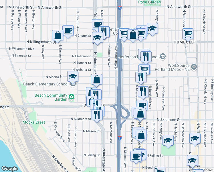 map of restaurants, bars, coffee shops, grocery stores, and more near 4825 North Montana Avenue in Portland